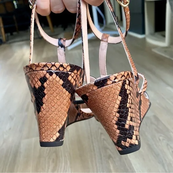 J. Crew NWT Snake Embossed Leather T-Strap Wedges - Brown, Style AP464