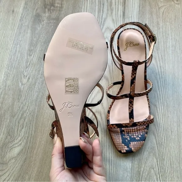 J. Crew NWT Snake Embossed Leather T-Strap Wedges - Brown, Style AP464