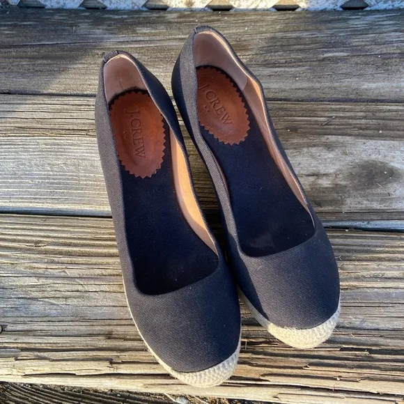 J. Crew Seville Espadrille Wedges in Black Canvas Women's Size 6.5