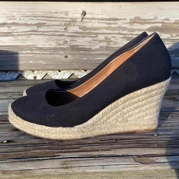 J. Crew Seville Espadrille Wedges in Black Canvas Women's Size 6.5