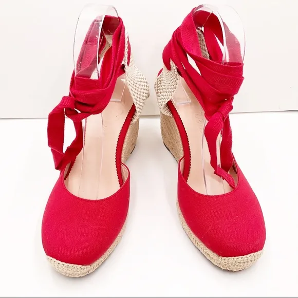 🆕{J. Crew} Vintage Red Round-Toe Canvas Espadrille Wedges