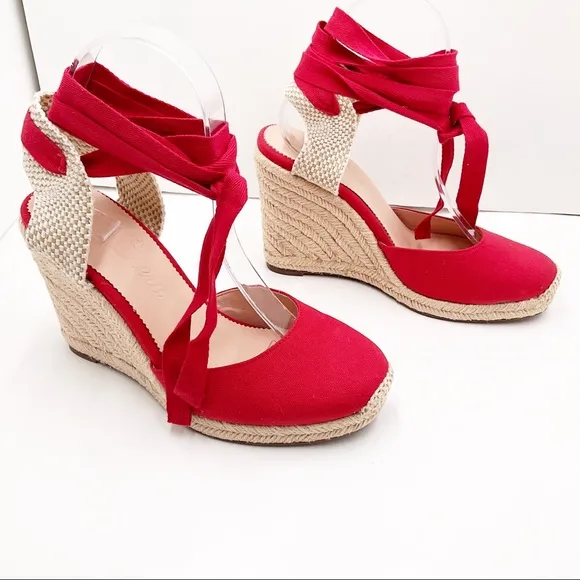 🆕{J. Crew} Vintage Red Round-Toe Canvas Espadrille Wedges