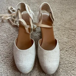 J. Crew Womens 10 Canvas Ankle-Wrap Espadrille Wedges Beige Linen Woven Tie NEW