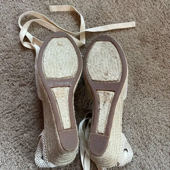 J. Crew Womens 10 Canvas Ankle-Wrap Espadrille Wedges Beige Linen Woven Tie NEW