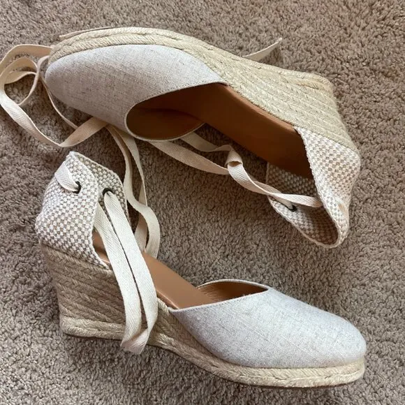 J. Crew Womens 10 Canvas Ankle-Wrap Espadrille Wedges Beige Linen Woven Tie NEW