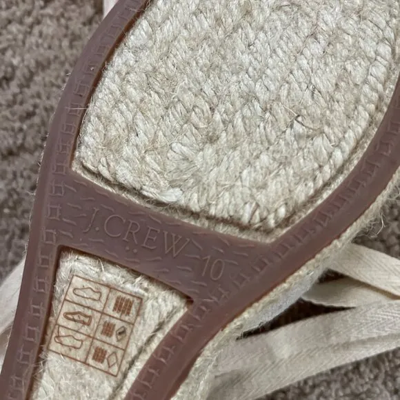 J. Crew Womens 10 Canvas Ankle-Wrap Espadrille Wedges Beige Linen Woven Tie NEW