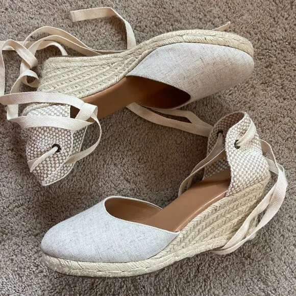 J. Crew Womens 10 Canvas Ankle-Wrap Espadrille Wedges Beige Linen Woven Tie NEW