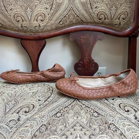 J. McLaughlin Mercer Saddle Basketweave Brown Leather Ballet Flats Shoes Size 8