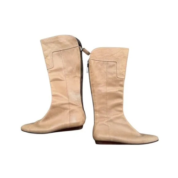 J VINCENT light brown LEATHER BACK ZIP RETRO VINTAGE 90s FLAT KNEE BOOTS SZ 8