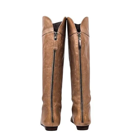 J VINCENT light brown LEATHER BACK ZIP RETRO VINTAGE 90s FLAT KNEE BOOTS SZ 8