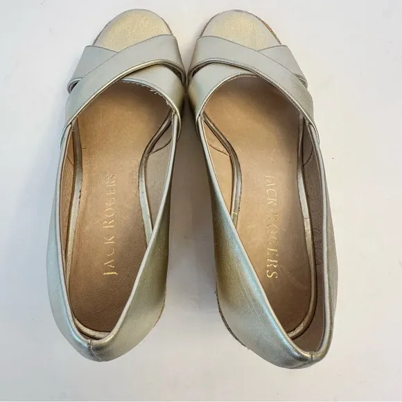 Jack Rogers Palmer Metallic Light Gold Criss-Cross  Espadrille Wedges, size 8.5
