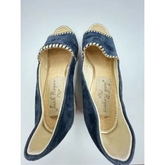 Jack Rogers Preppy Palmer Wedges Espadrille Suede Midnight Blue Gold size US 10