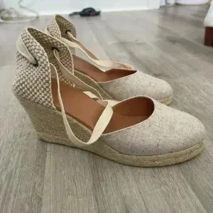JCREW Canvas Ankle-Wrap Espadrille Wedges 7