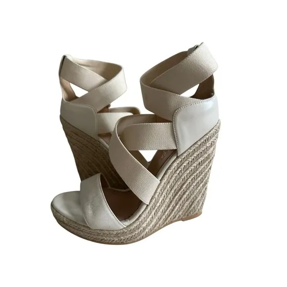 JEAN MICHEL CAZABAT Cream Leather Espadrille Wedges Sandals Size 37