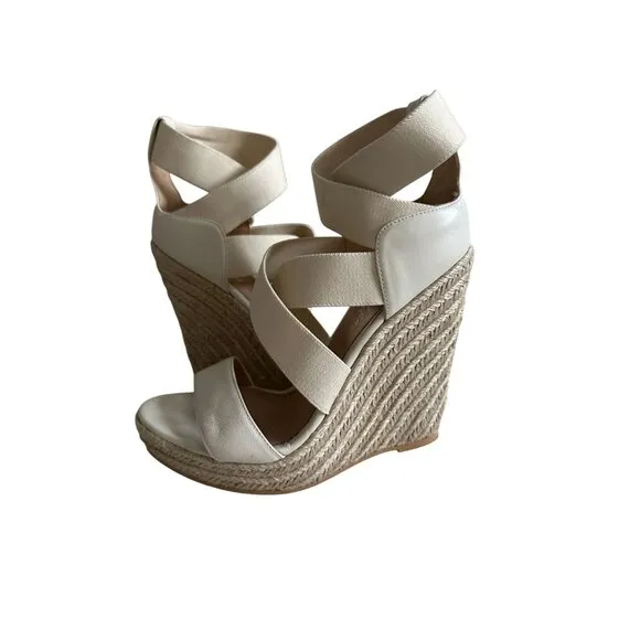 JEAN MICHEL CAZABAT Cream Leather Espadrille Wedges Sandals Size 37