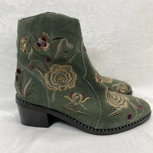 Jeffery Campbell booties boots Womens 9 Olive Green Suede Embroidered Heeled y2k