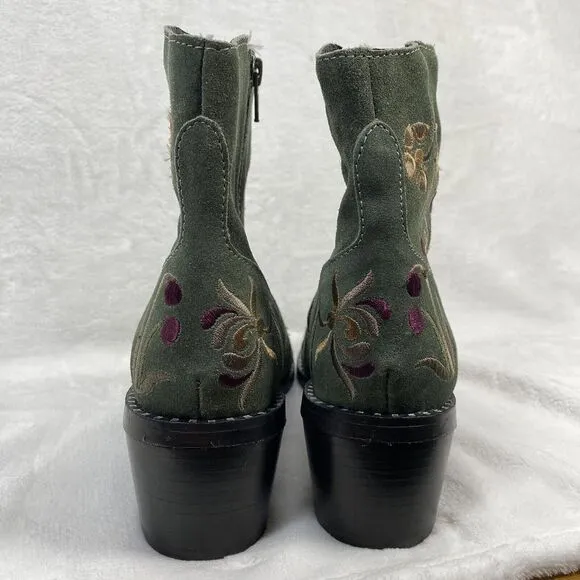 Jeffery Campbell booties boots Womens 9 Olive Green Suede Embroidered Heeled y2k