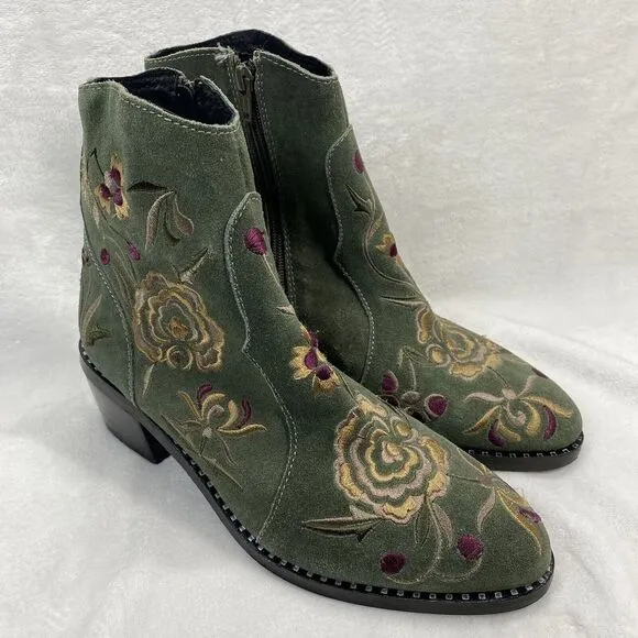 Jeffery Campbell booties boots Womens 9 Olive Green Suede Embroidered Heeled y2k