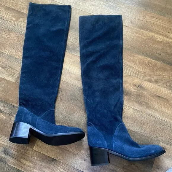 Jeffrey Campbell Boots Tall Over the Knee Suede Blue Riding Block Heel Heeled