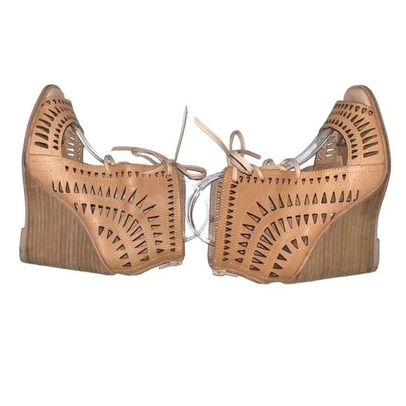 Jeffrey Campbell Rodillo‎ Cutout Tan Nude Leather Open Toe Wedges ~Woman Size 7