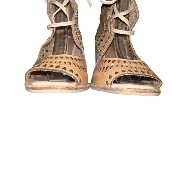 Jeffrey Campbell Rodillo‎ Cutout Tan Nude Leather Open Toe Wedges ~Woman Size 7