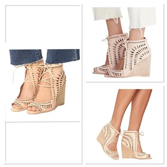 Jeffrey Campbell Rodillo‎ Cutout Tan Nude Leather Open Toe Wedges ~Woman Size 7