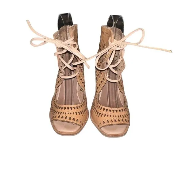 Jeffrey Campbell Rodillo‎ Cutout Tan Nude Leather Open Toe Wedges ~Woman Size 7