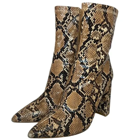 JEFFREY CAMPBELL Siren Snakeskin Pointed Toe Boots 7.5 Reptile Animal Print Tan