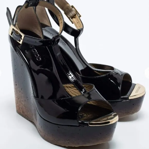 Jimmy Choo Black &amp; Gold Patent Leather Pela Cork Wedges – Size 37