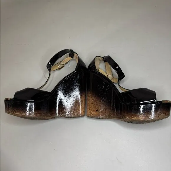 Jimmy Choo Black &amp; Gold Patent Leather Pela Cork Wedges – Size 37