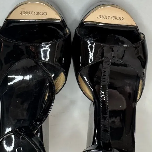 Jimmy Choo Black &amp; Gold Patent Leather Pela Cork Wedges – Size 37