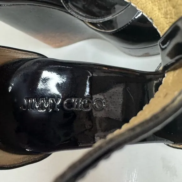 Jimmy Choo Black &amp; Gold Patent Leather Pela Cork Wedges – Size 37
