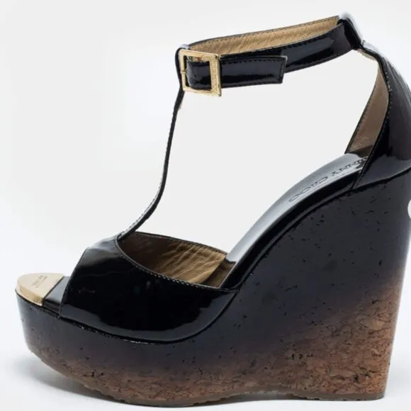 Jimmy Choo Black &amp; Gold Patent Leather Pela Cork Wedges – Size 37