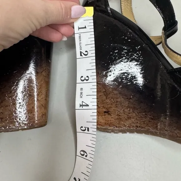 Jimmy Choo Black &amp; Gold Patent Leather Pela Cork Wedges – Size 37