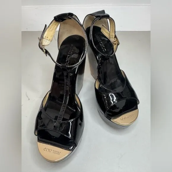 Jimmy Choo Black &amp; Gold Patent Leather Pela Cork Wedges – Size 37