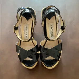 Jimmy Choo Black Wedge Sandals with Criss-Cross Straps