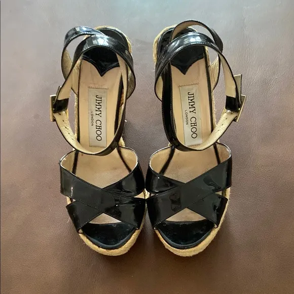 Jimmy Choo Black Wedge Sandals with Criss-Cross Straps