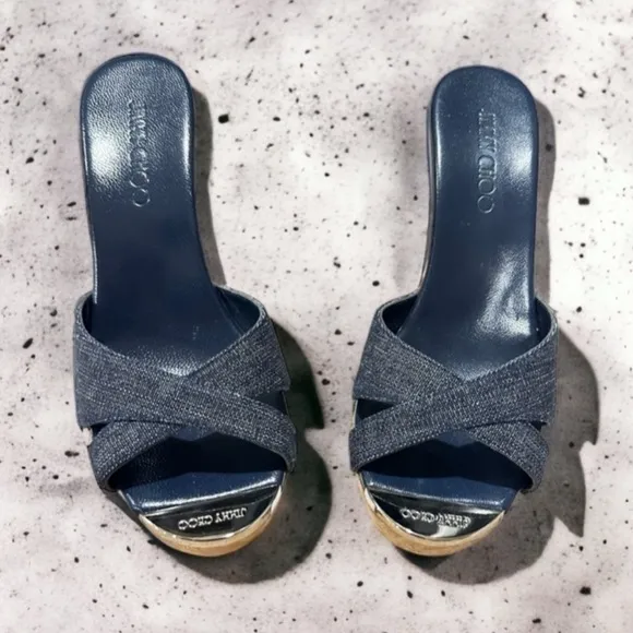 Jimmy Choo Denim Blue Slip-On Platform Cork Espadrille Wedge Sandals Size 39