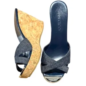 Jimmy Choo Denim Blue Slip-On Platform Cork Espadrille Wedge Sandals Size 39