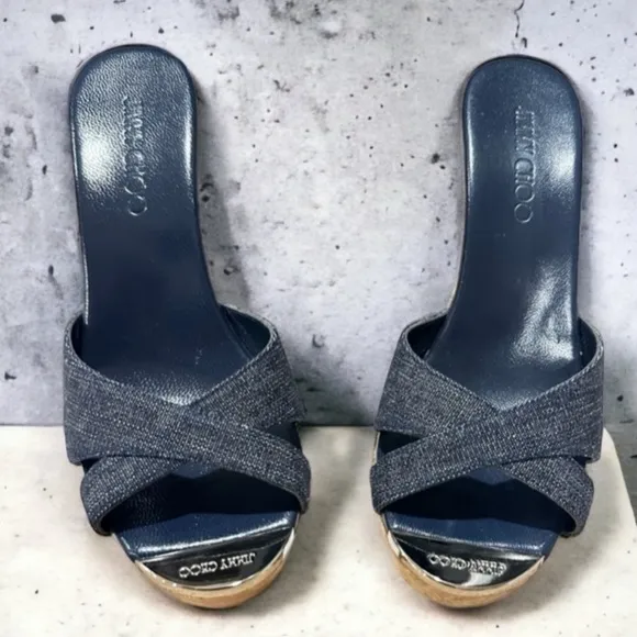 Jimmy Choo Denim Blue Slip-On Platform Cork Espadrille Wedge Sandals Size 39