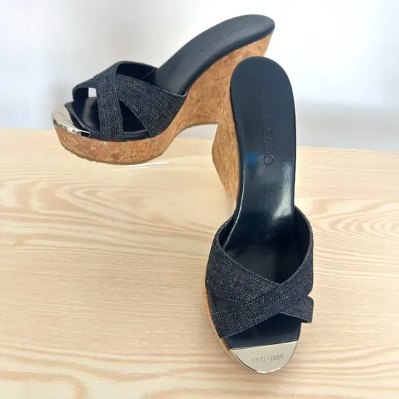 Jimmy Choo Denim Blue Slip-On Platform Cork Espadrille Wedge Sandals Size 39