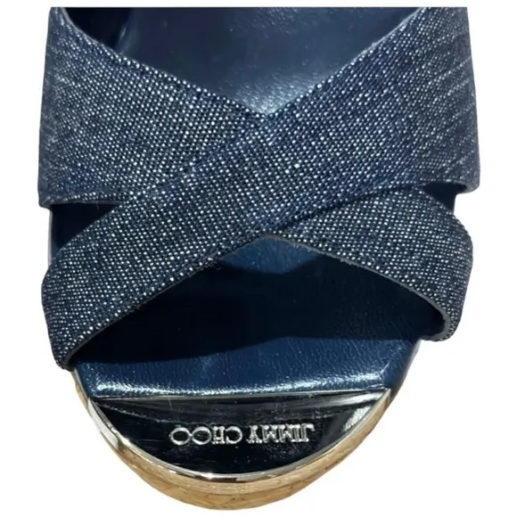 Jimmy Choo Denim Blue Slip-On Platform Cork Espadrille Wedge Sandals Size 39