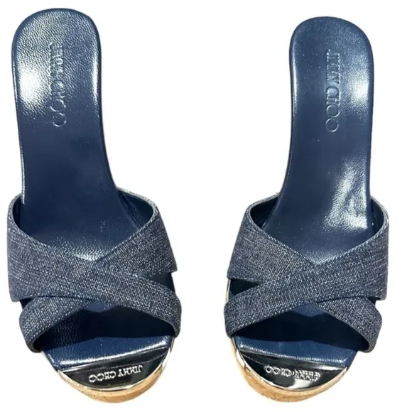 Jimmy Choo Denim Blue Slip-On Platform Cork Espadrille Wedge Sandals Size 39