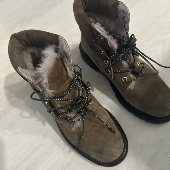 JIMMY CHOO FLAT MINK LINED LACED UP BOOTS