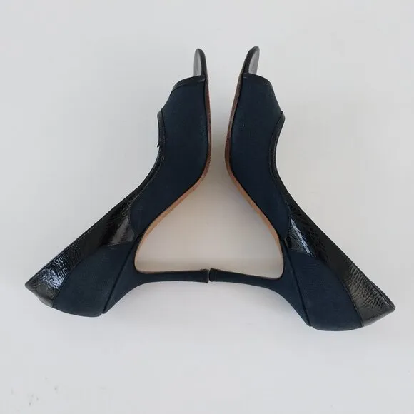 JIMMY CHOO Heels 8.5 (38.5) Womens Black Patent Canvas Pumps Stilettos Peep Toe