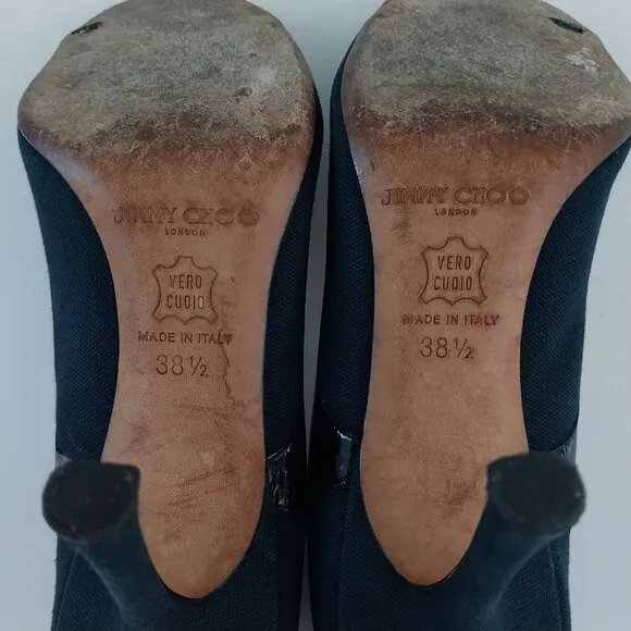 JIMMY CHOO Heels 8.5 (38.5) Womens Black Patent Canvas Pumps Stilettos Peep Toe