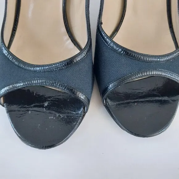 JIMMY CHOO Heels 8.5 (38.5) Womens Black Patent Canvas Pumps Stilettos Peep Toe
