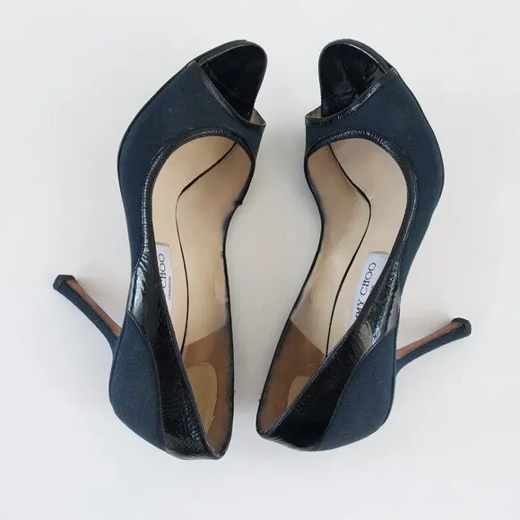 JIMMY CHOO Heels 8.5 (38.5) Womens Black Patent Canvas Pumps Stilettos Peep Toe