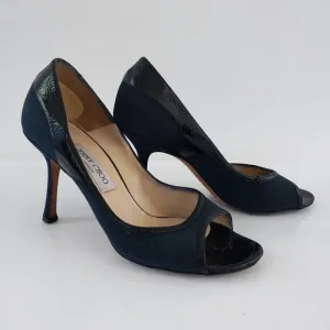 JIMMY CHOO Heels 8.5 (38.5) Womens Black Patent Canvas Pumps Stilettos Peep Toe