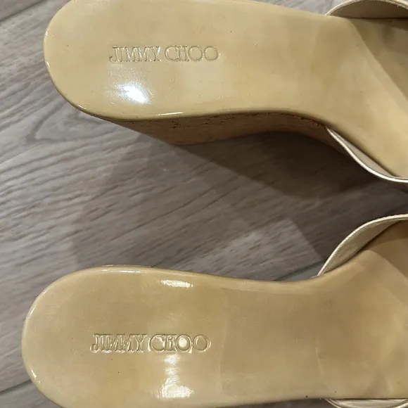Jimmy Choo nude Patent leather cork wedge Sz 42